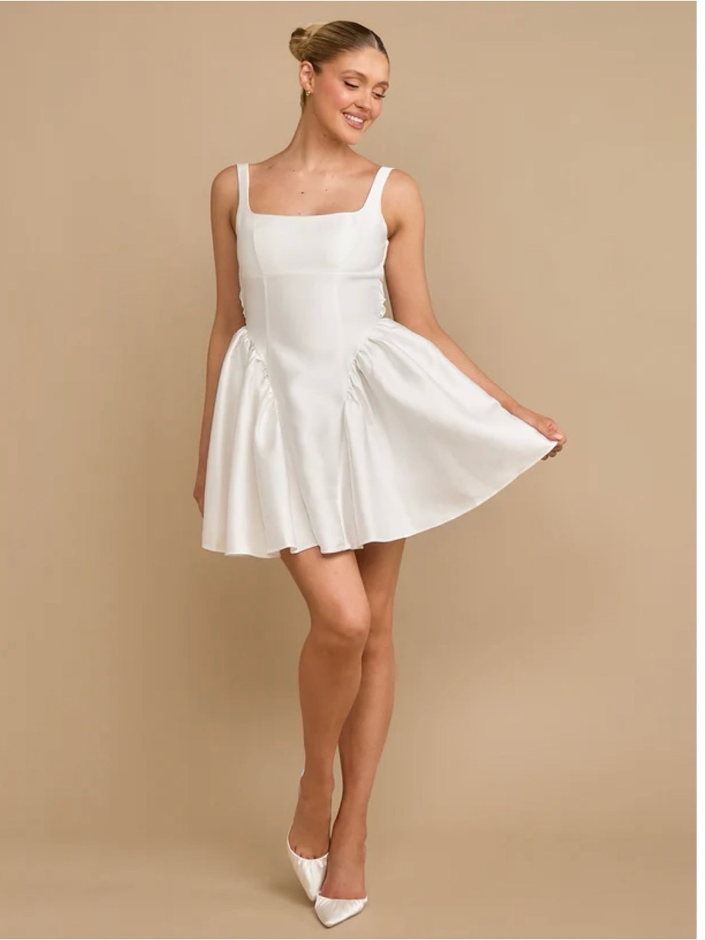 Six Stories- Satin Bow Back Pleated Skirt Mini Dress - White